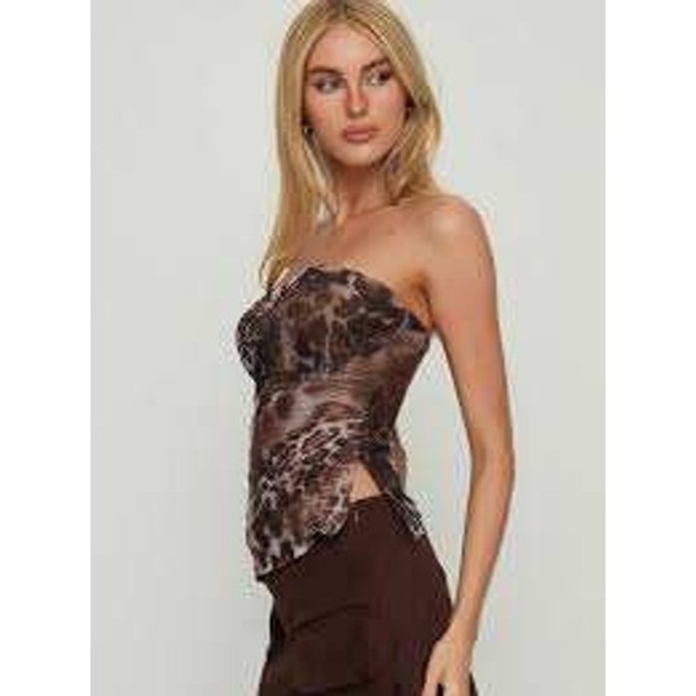 Princess Polly Leopard Print Mesh Ruched Strapless Tube Top Brown UK 10 US 6
